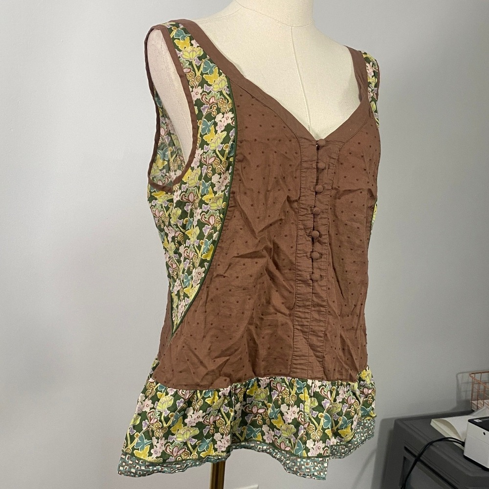 Vintage Y2K Fei L 100% Cotton Brown Green Boho Floral Swiss Dot Button Up Tank - Picture 3 of 8